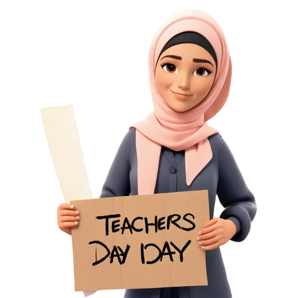 Teachers-Day-PNG-Image-of-a-Teacher-with-a-Headscarf-Holding-a-Banner