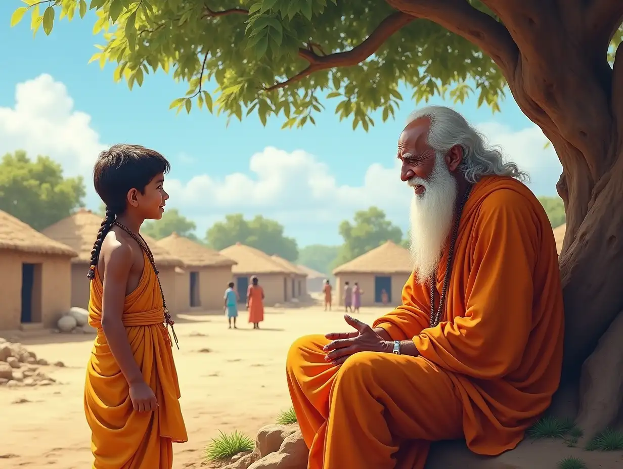 A young boy, dressed in simple traditional Indian attire, standing near an old wise man with a long white beard, wearing a saffron robe, sitting under a large banyan tree in a rural Indian village. The village background has mud houses, a clear blue sky, and a few people working in the fields. The boy looks curious while the wise man smiles gently