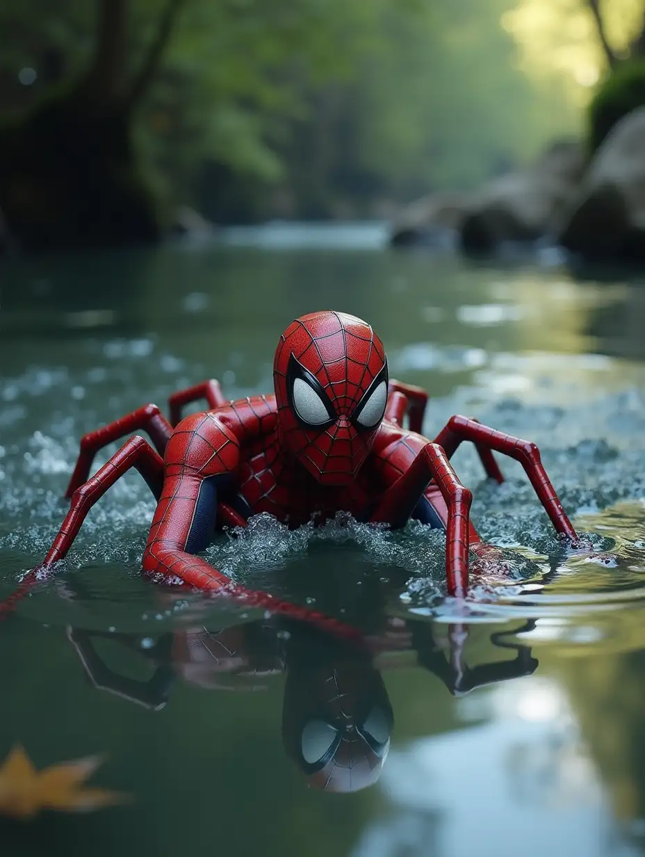 Spider man swimming in river