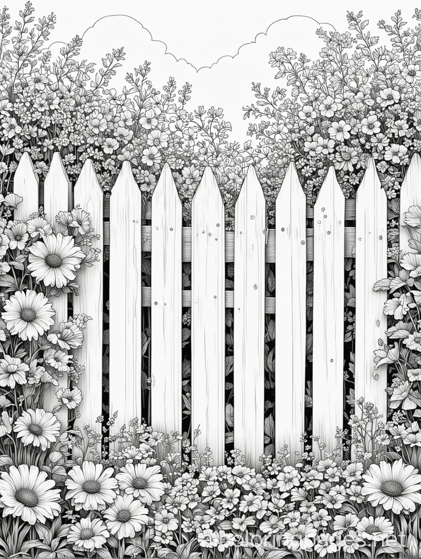 Charming-Picket-Fence-Surrounded-by-Flowers-Line-Art-Coloring-Page