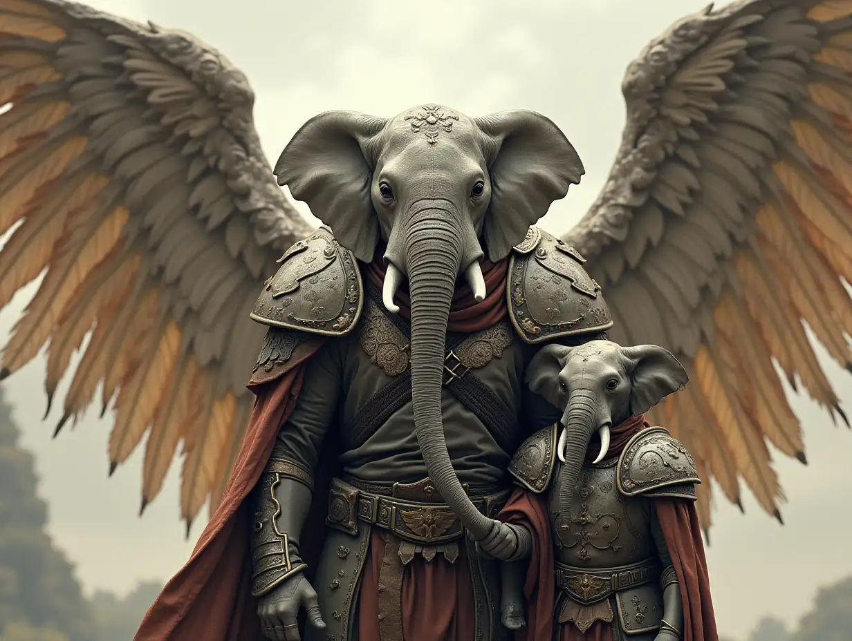 Ki-Fantasy family,Man with angel wings and children giant elephant face with and angel wing armor equipment