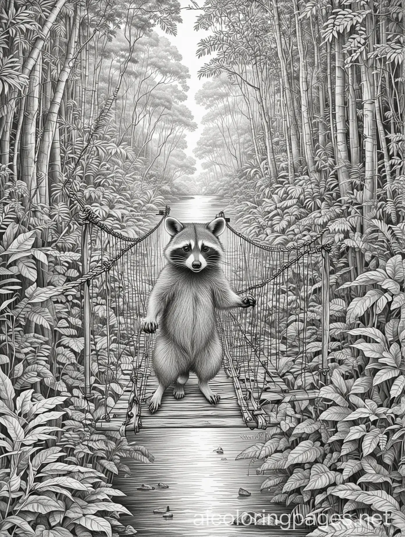 Raccoon-Explorer-Crossing-a-Jungle-Hanging-Bridge