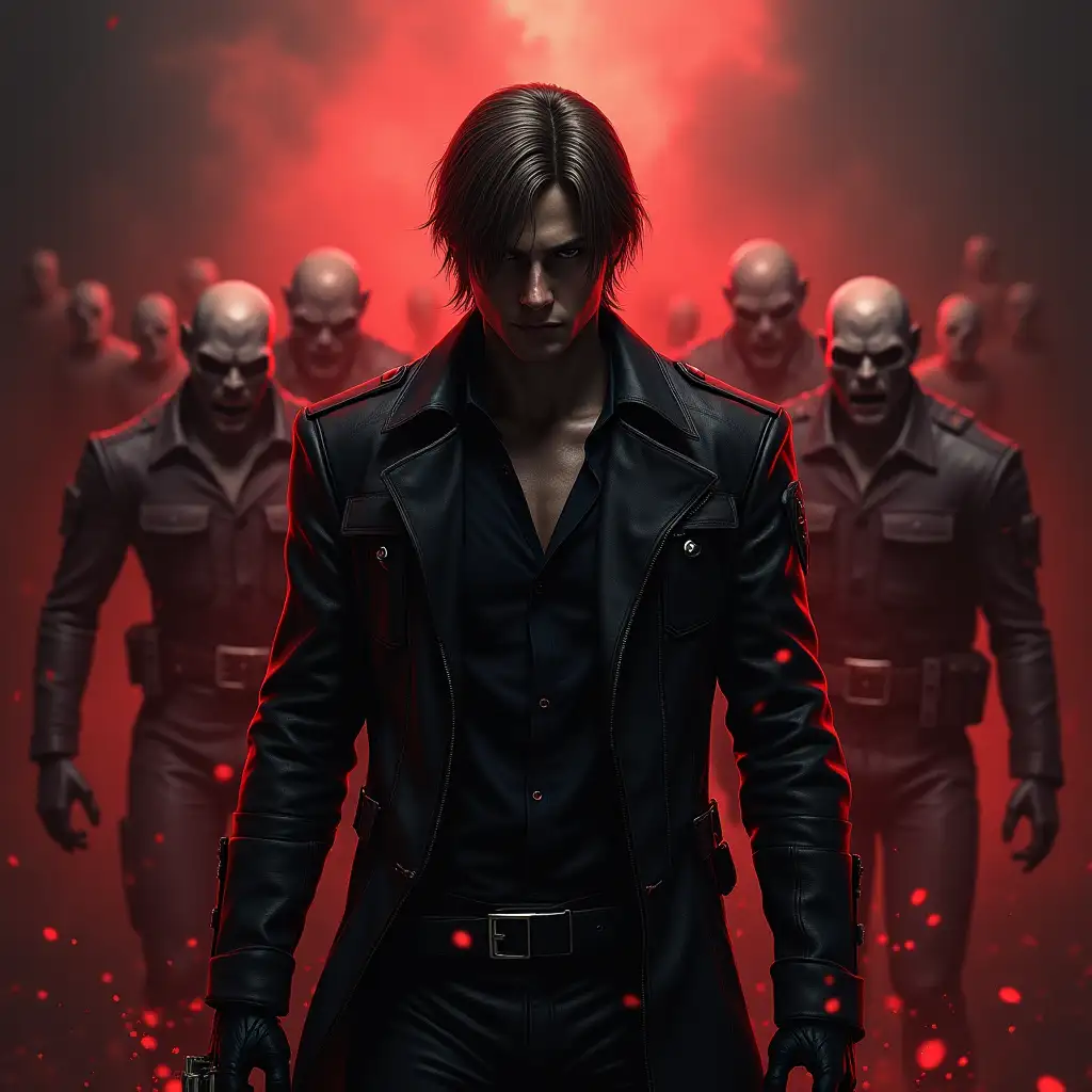 Leon Kennedy (Resident Evil), zombies on background, digital art