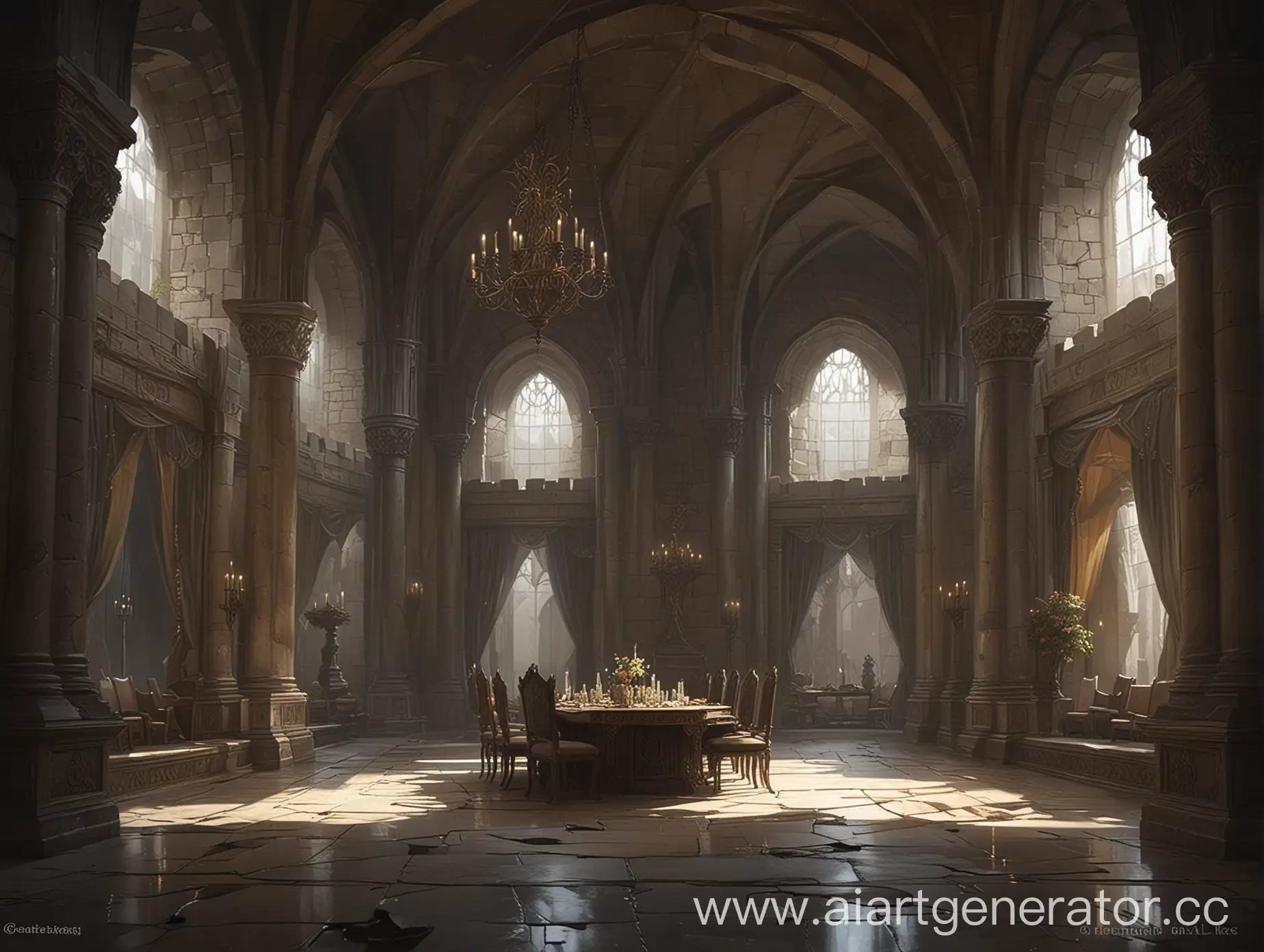 Throne room in a stone castle, with a large table, Dark fantasy, Charlie Bowater