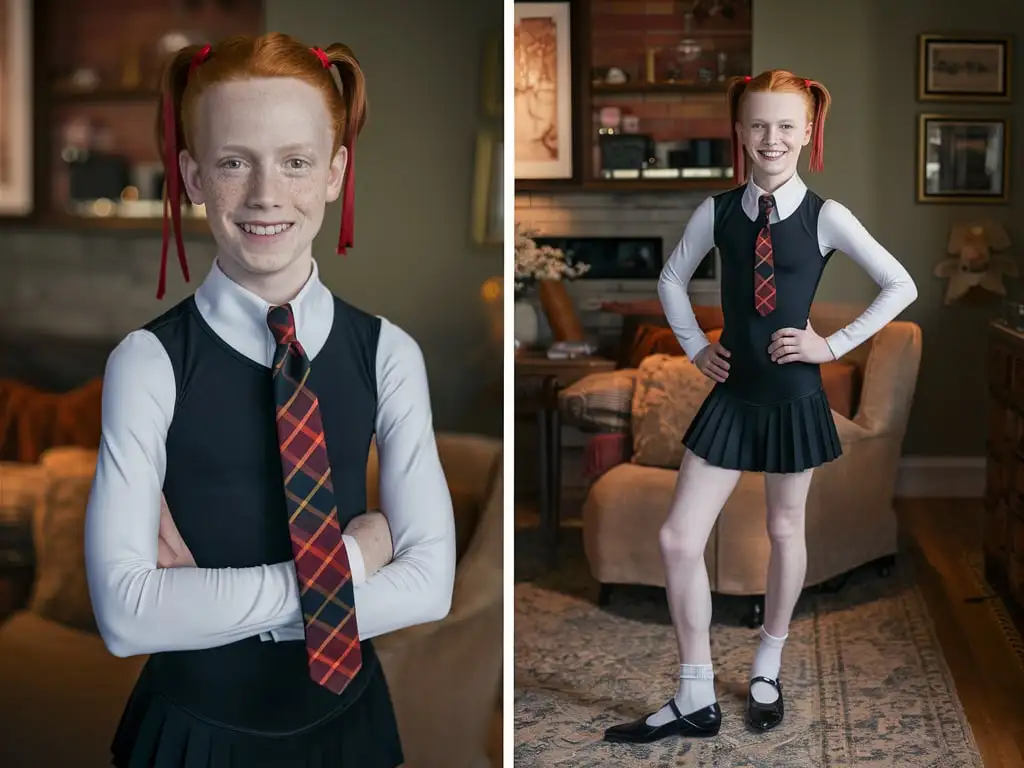 RedHaired-15YearOld-Boy-in-Black-Tank-Leotard-and-Tartan-Tie-Smiling-in-House-Setting