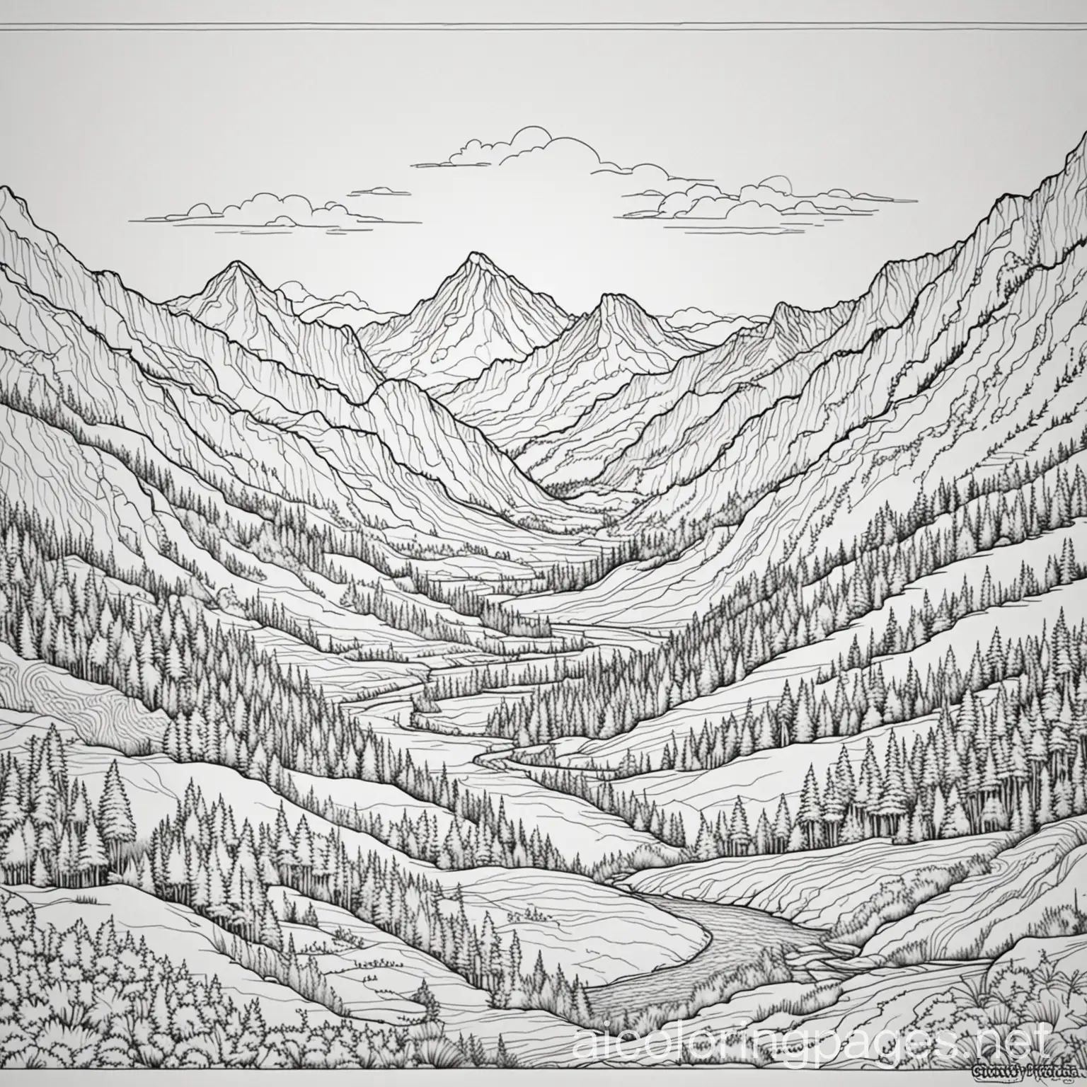 landscape with mountains for coloring book, Coloring Page, black and white, line art, white background, Simplicity, Ample White Space. The background of the coloring page is plain white, The outlines of all the subjects are easy to distinguish,, Coloring Page, black and white, line art, white background, Simplicity, Ample White Space. The background of the coloring page is plain white to make it easy for young children to color within the lines. The outlines of all the subjects are easy to distinguish, making it simple for kids to color without too much difficulty