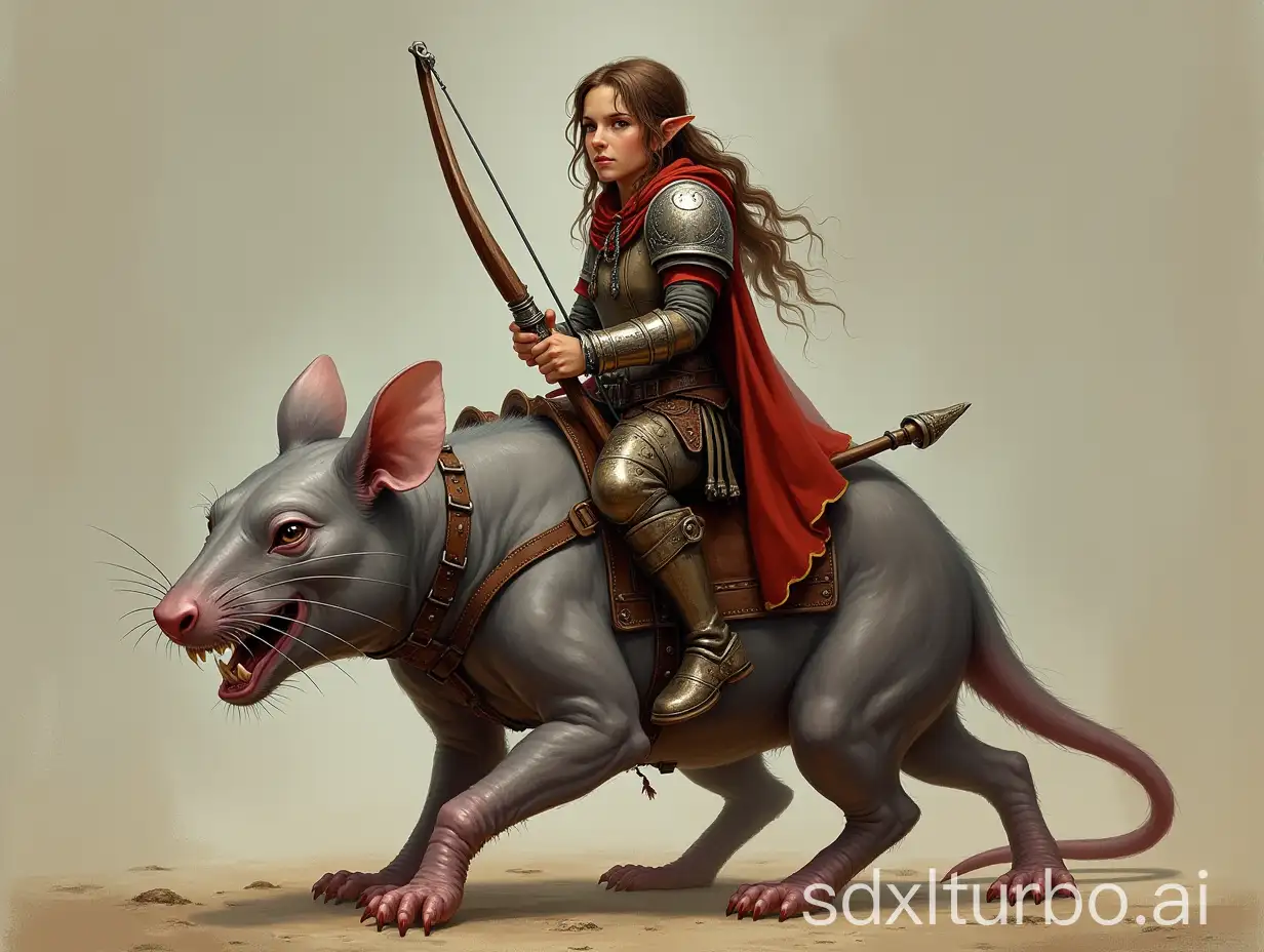 Halfling-Hobbit-Female-Paladin-Archer-Riding-Giant-Hairless-Rat-in-Leather-Barding