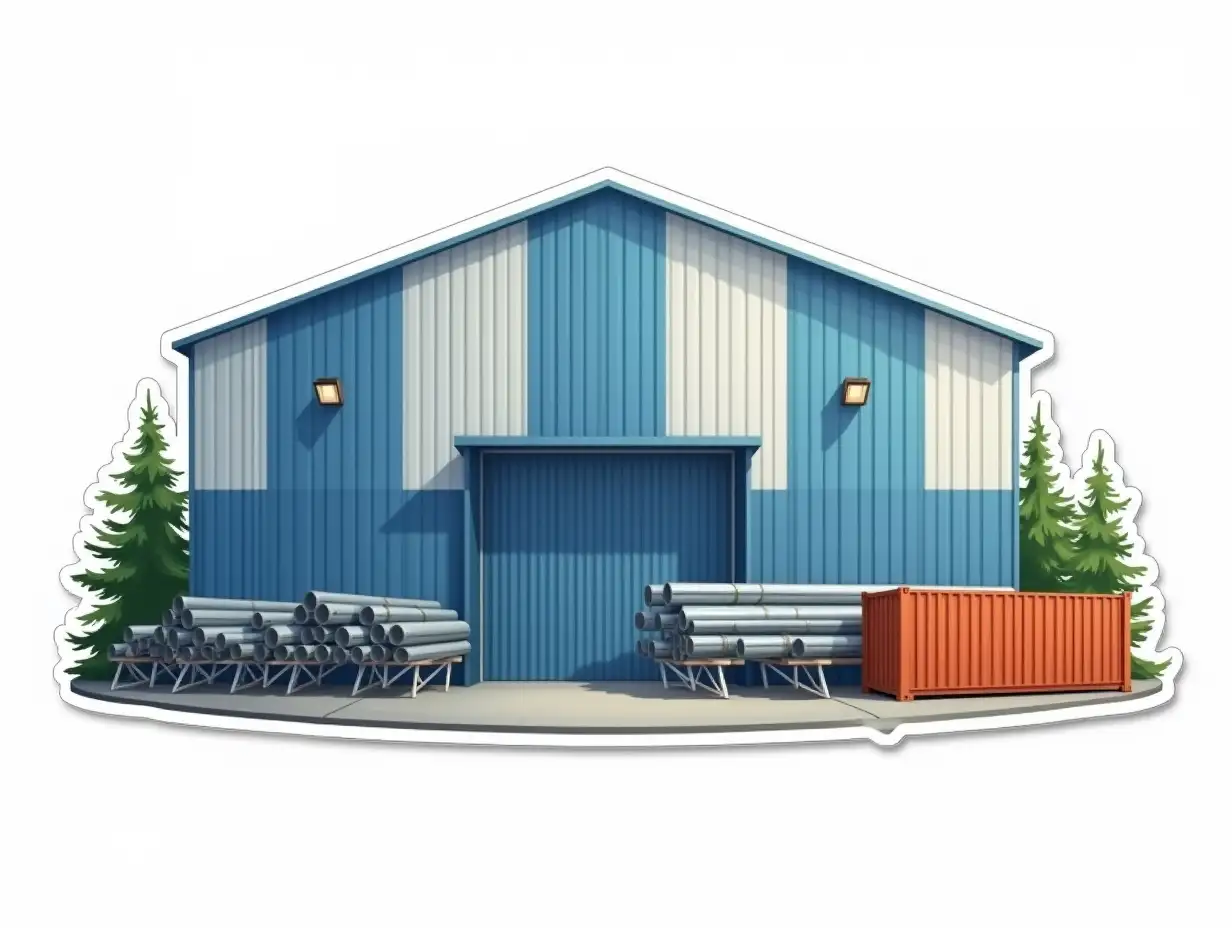 a curved cut-out laminated sticker with an image of an industrial factory building painted in alternating blue and white vertical stripes, a hangar with a gable roof, bundles of metal pipes on supports made of metal trusses are directed towards it. in the background are thin fir trees and one small bright orange shipping container. cut sticker design, high resolution, white background, paint in anime style