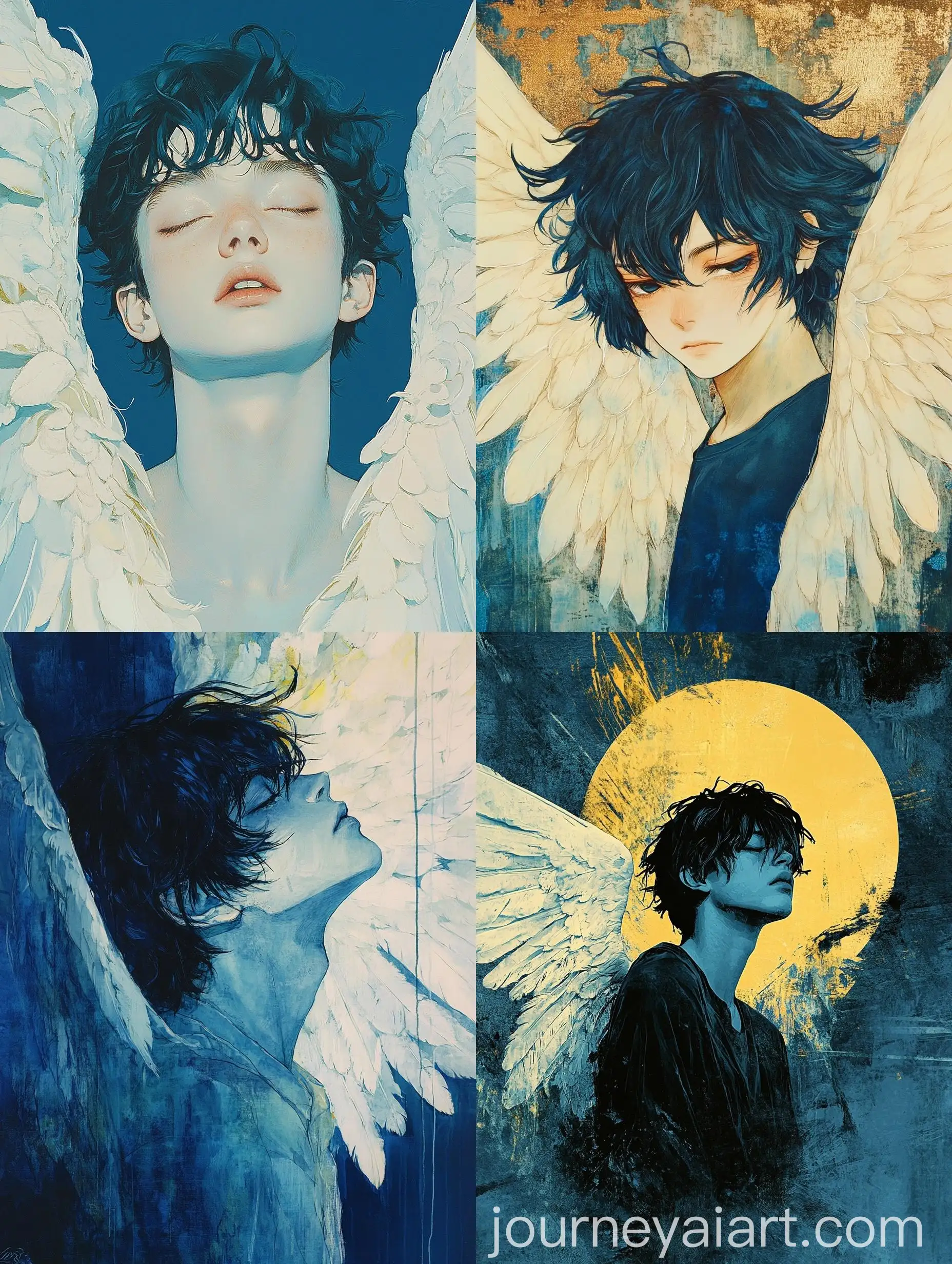 Sad-Angel-Boy-with-White-Wings-in-Dark-Azure-and-Yellow-Style
