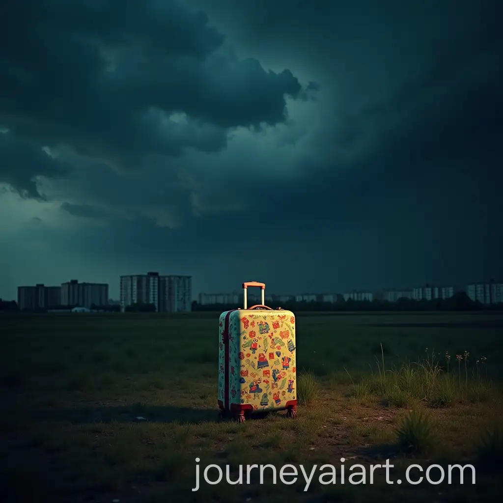 Colorful-Russian-Patterned-Suitcase-in-Stormy-Swamp-Landscape