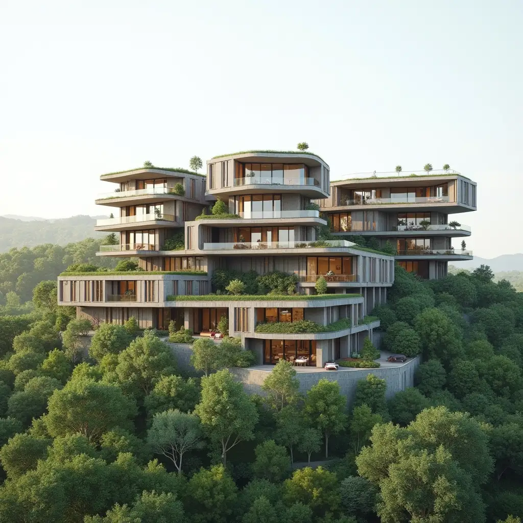 New complex buildings in a hill with 45 degree angle, with 6 floors in green environment