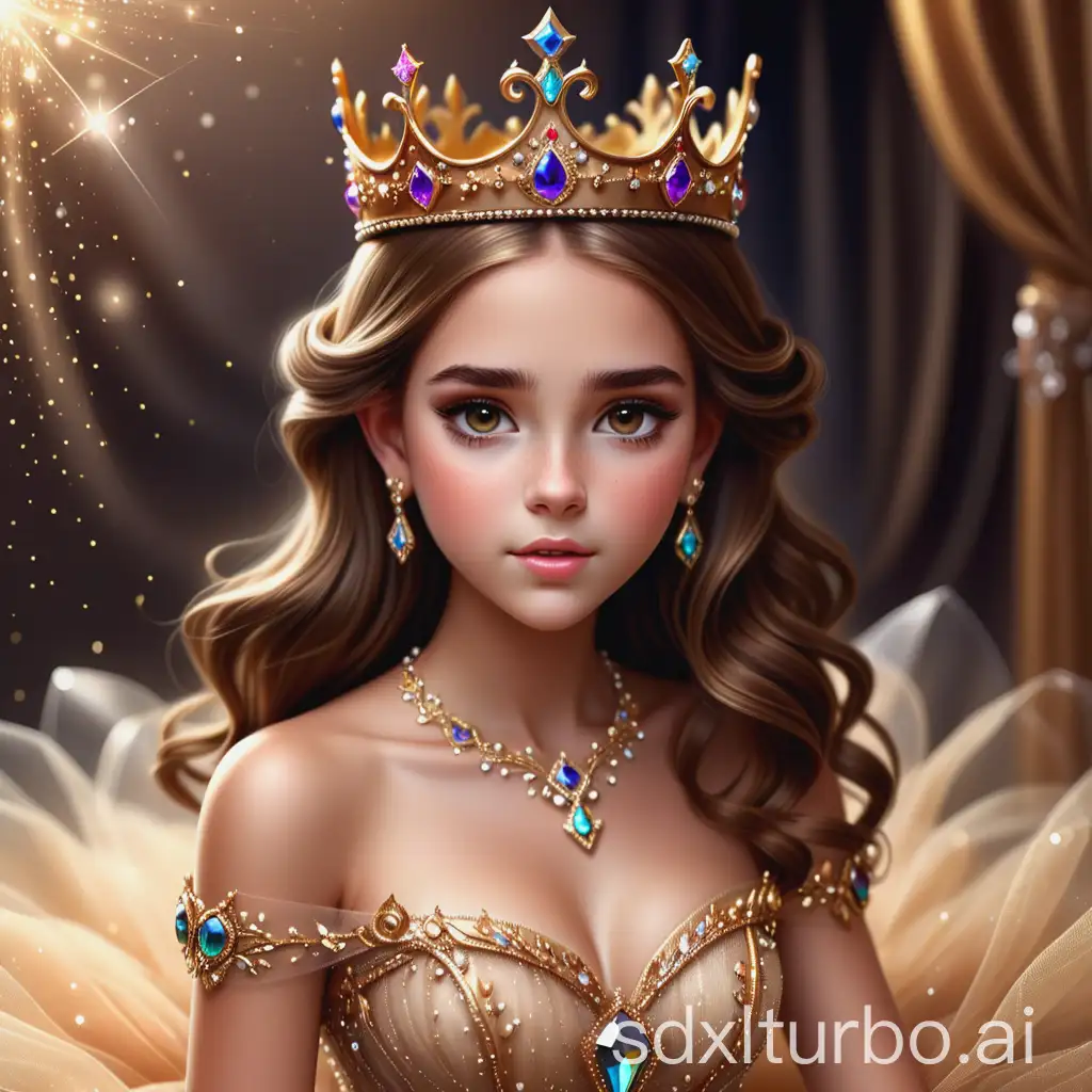 a beautiful real  brown hair princess with  gorgeous and jewelry female gold crown on her head and Luxury Sparkly tulle Ball gown With Jewel, ultra realistic, beautiful detail and color,Show full dress.