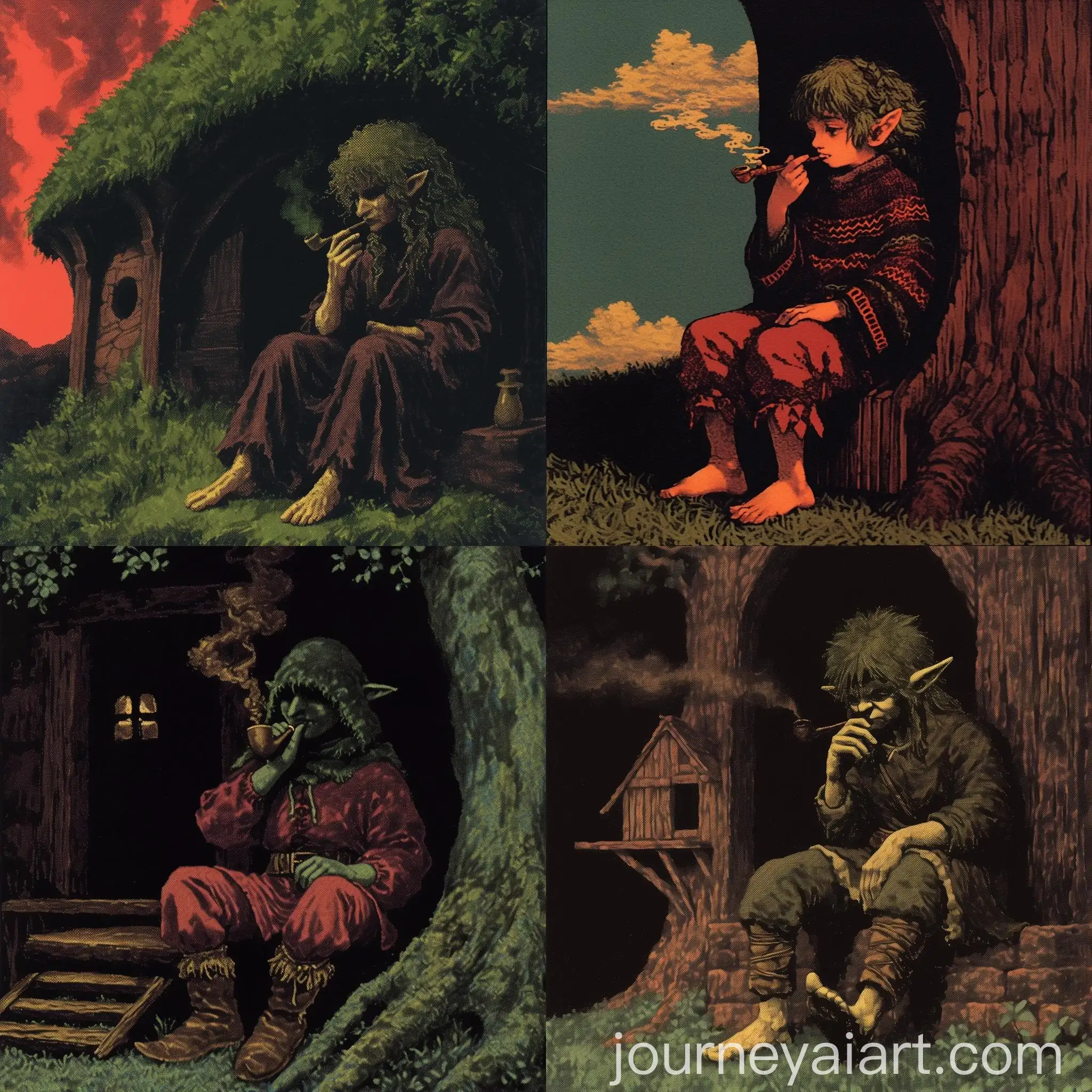 Cute-Hobbit-Creature-Smoking-Pipe-in-Tree-House-Setting