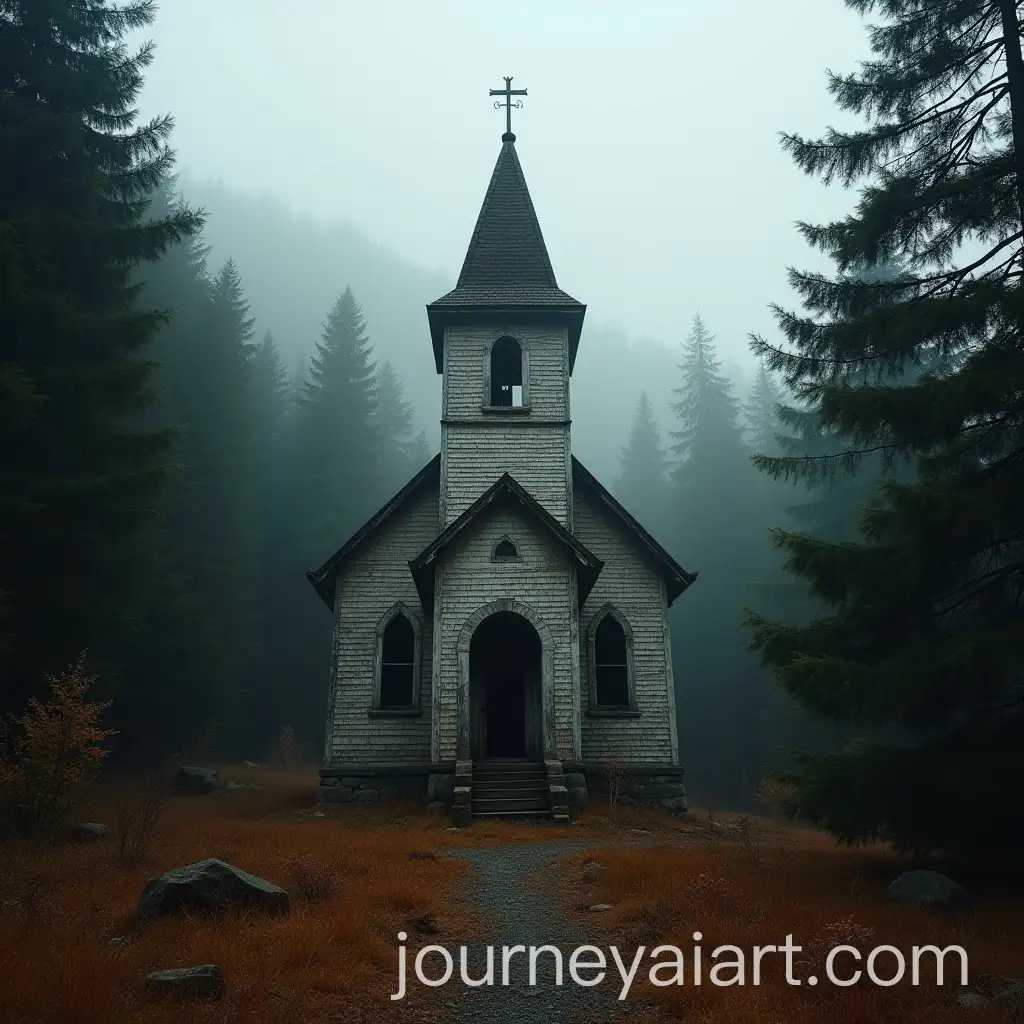 Dilapidated-Church-in-Autumn-Pine-Forest-with-Gloomy-Haze