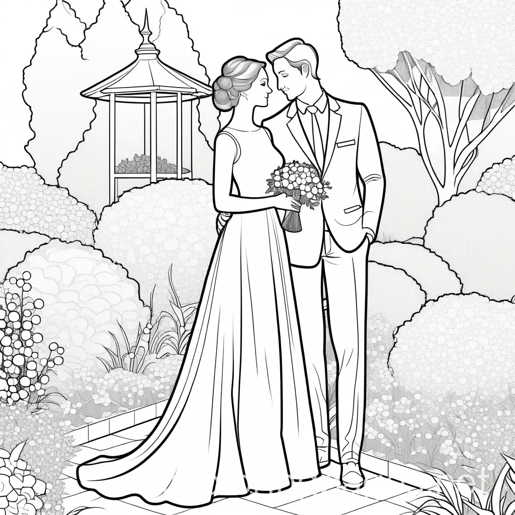 couple garden wedding, Coloring Page, black and white, line art, white background, Simplicity, Ample White Space