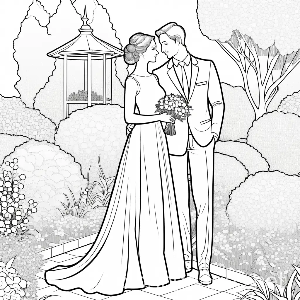 Couple-Garden-Wedding-Coloring-Page-Elegant-Line-Art-on-White-Background