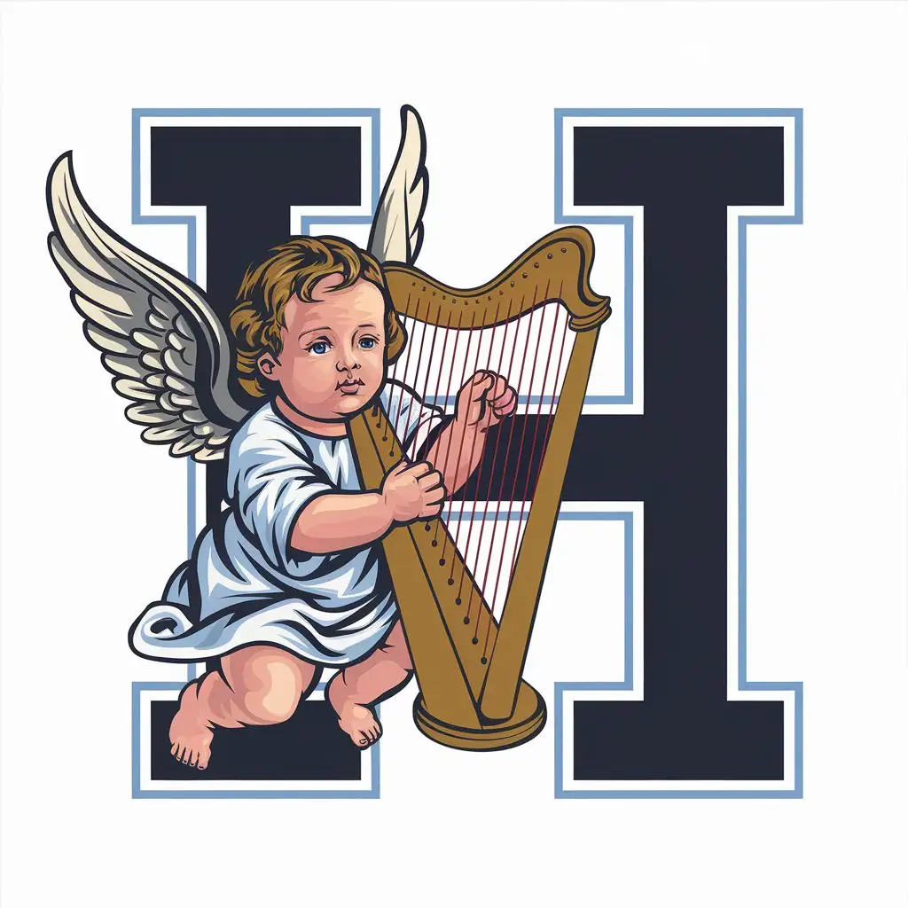 LOGO Design for H Baby Angel Playing Harp with Clear White Background