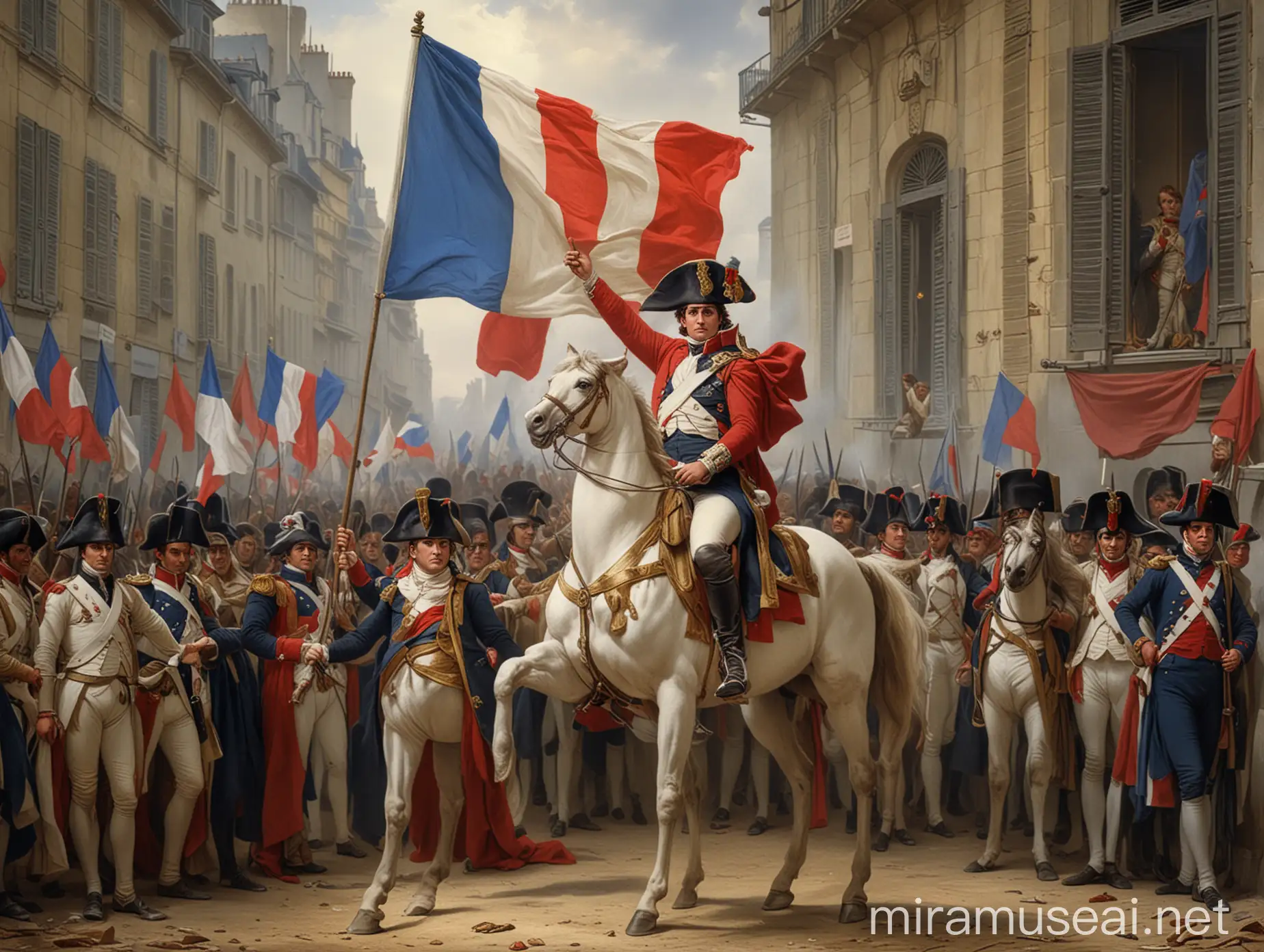 Napoleon Holding France Flag at Protest