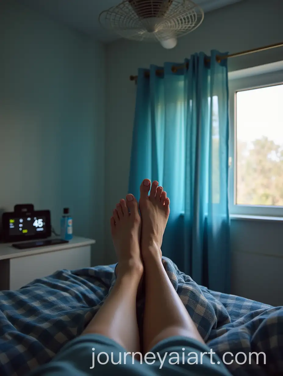 Morning-Bedroom-Scene-with-Feet-on-Bed-Rotating-Fan-and-Notifications-on-Phone