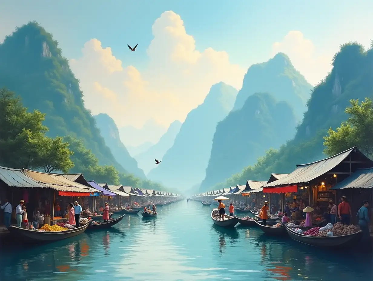 Painting of a floating market surrounded by mountains, with people shopping, give some painting options