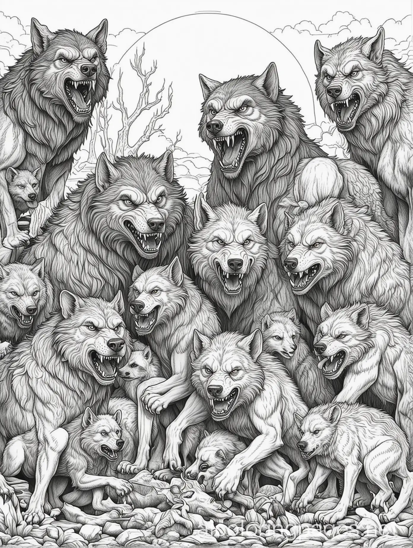 Pack-of-Werewolves-Coloring-Page-Line-Art-for-Kids