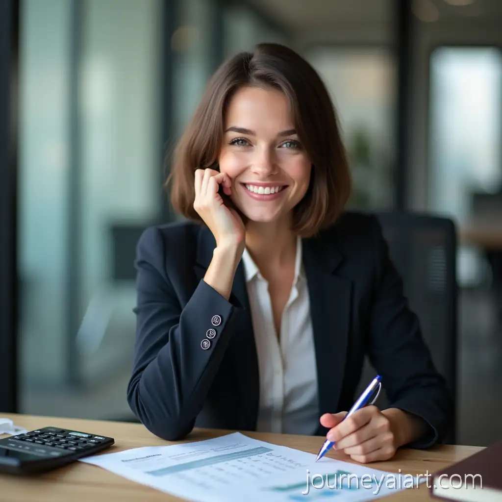 Professional-Brunette-Woman-in-Business-Suit-WorkingAI-Image-Prompt-Expansion-at-Desk-with-Office-Background