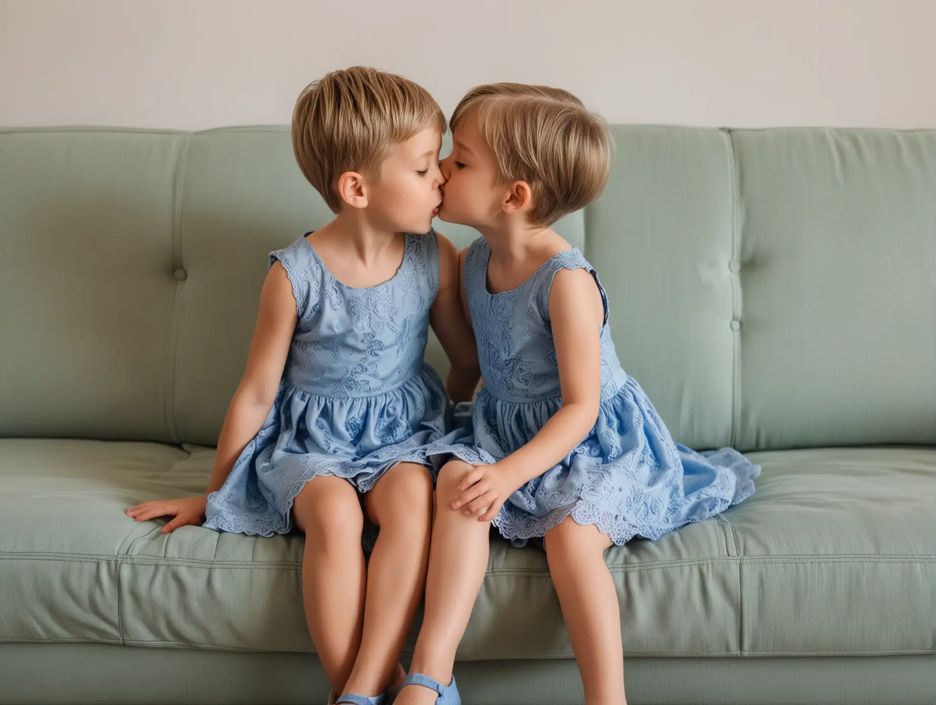 Little-Boy-in-Blue-Dress-and-Ballet-Flats-Sitting-on-Couch-with-Kiss-Gesture