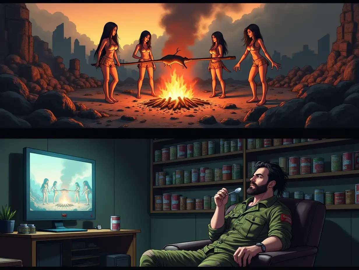 user_prompt: A picture divided into two horizontal parts. At the top, on the ground among ruins, a group of three glamorous women in rags, cooking a rat on a spit over a fire. At the bottom, from a bunker, a bearded man in camouflage sits on a couch, watching this scene with interest on a monitor screen, eating stew from a can with a spoon. Along the wall shelves with rows of canned food. Style of anime