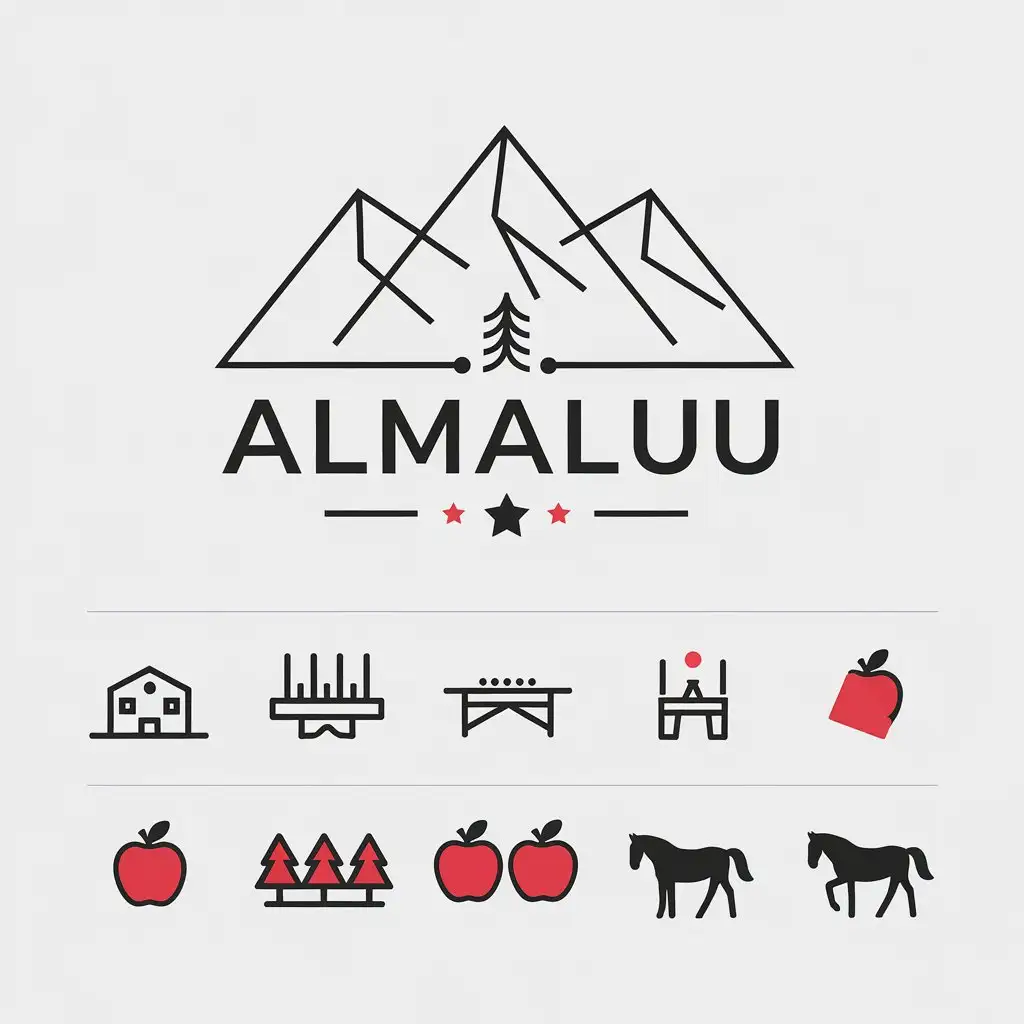 a vector logo design,with the text "Almaluu", main symbol:Mountains, villa, sauna, billiards, table tennis, apple orchard, horses,Minimalistic,be used in Entertainment industry,clear background