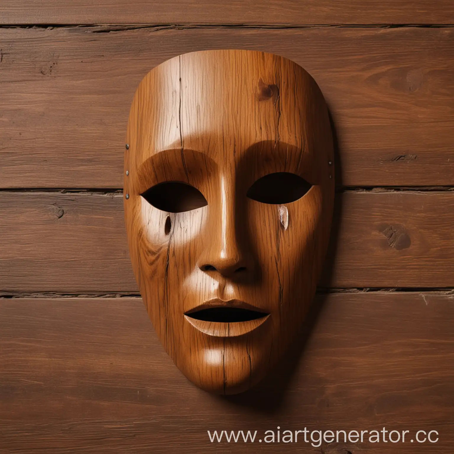 Sad-Wooden-Mask-in-Italian-Nut-Brown-on-Dark-Wood-Background