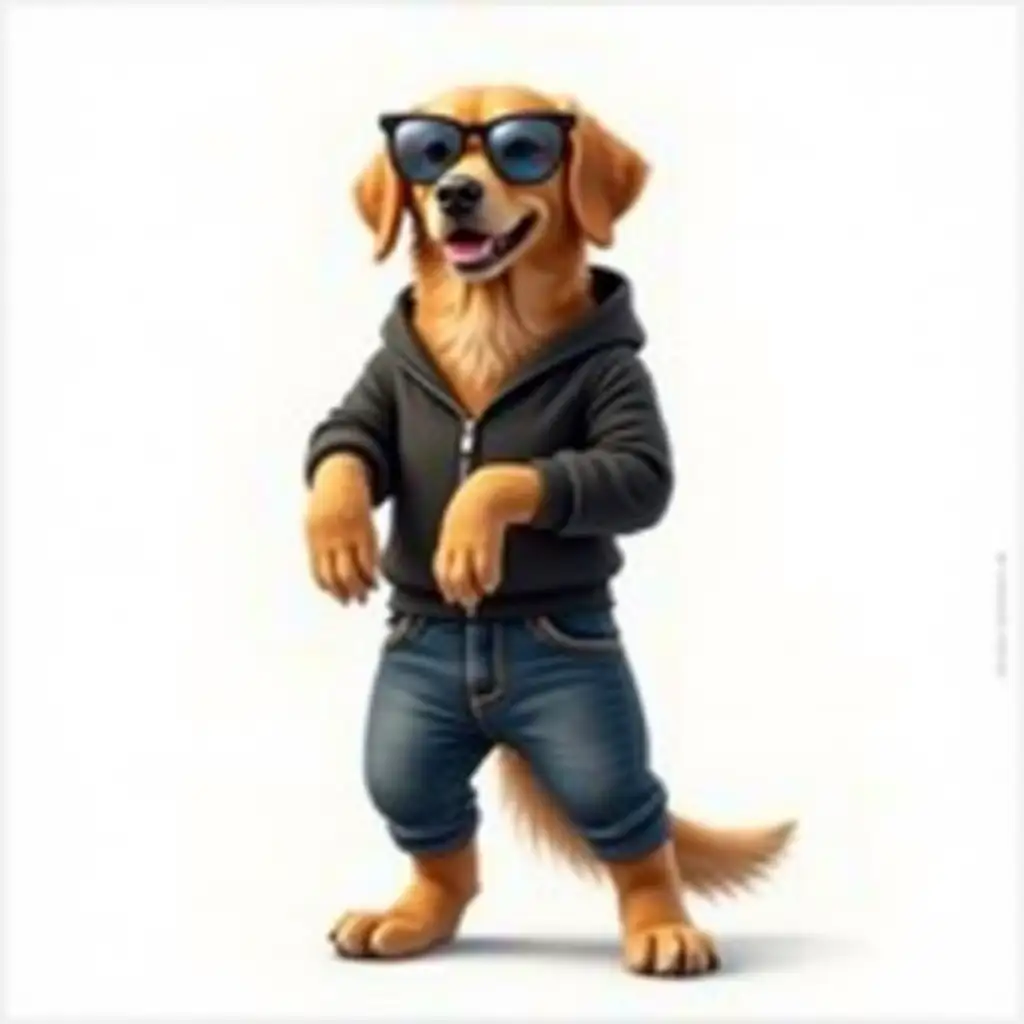 a golden retriever dog standing on all fours, dressed in a dog costume, black jumpsuit and jeans, with sunglasses, reflection in glasses, bright 3d realistic watercolor, on white background