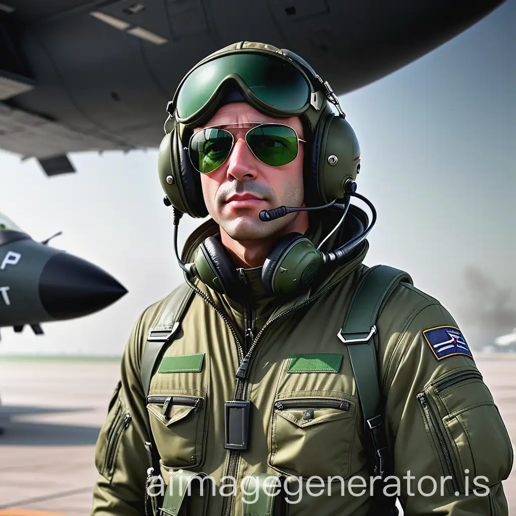 Confident-Military-Pilot-in-Olive-Green-Flight-Suit-with-Fighter-Jet-in-Background