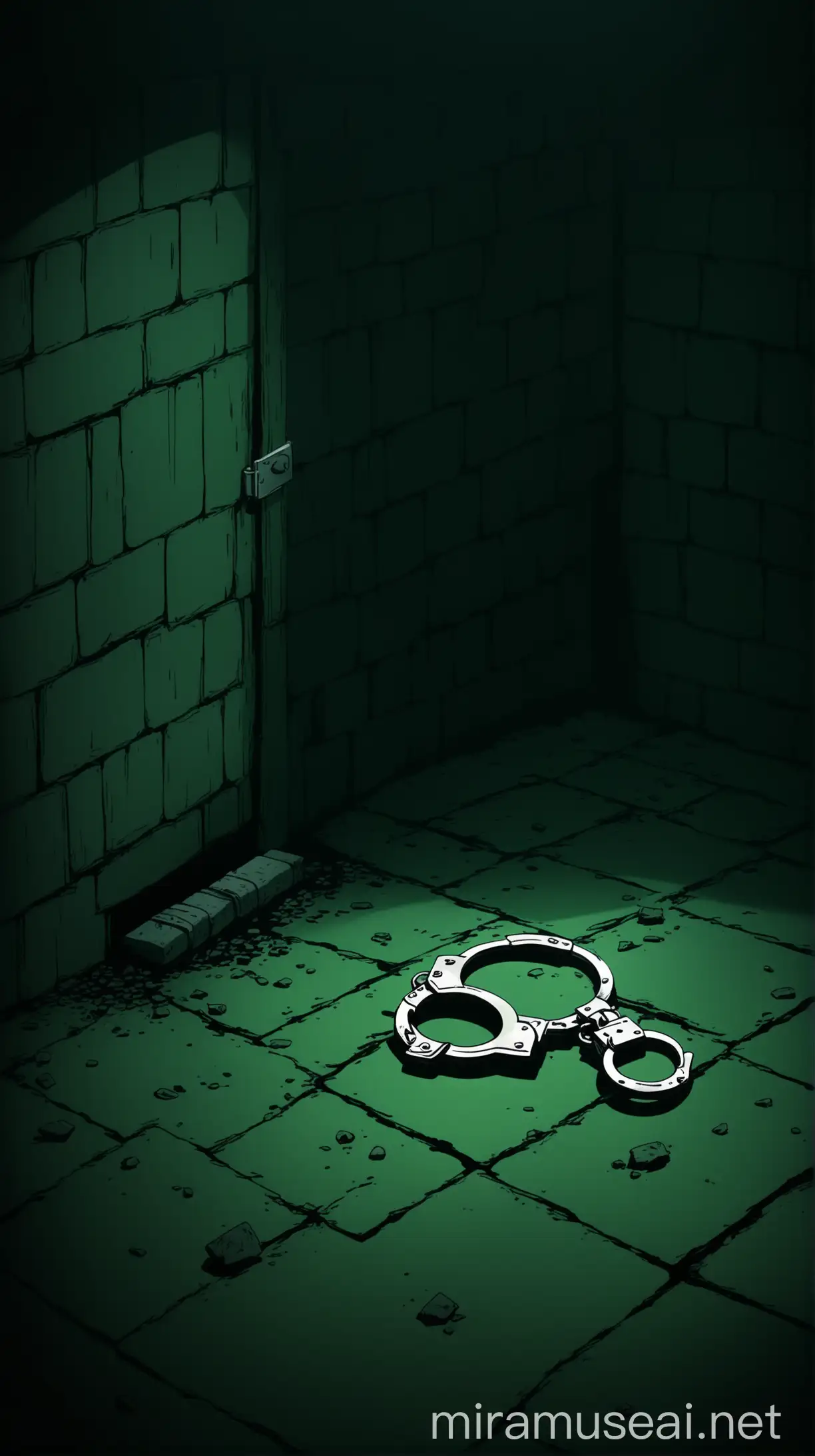 Handcuff in Underground Secret Room Dark Green Anime Scene