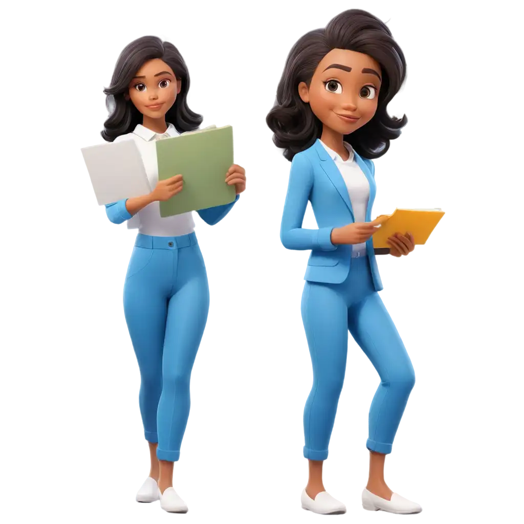 Cartoon-Style-PNG-Image-of-a-Girl-in-a-Blue-Pants-Suit-with-Notes