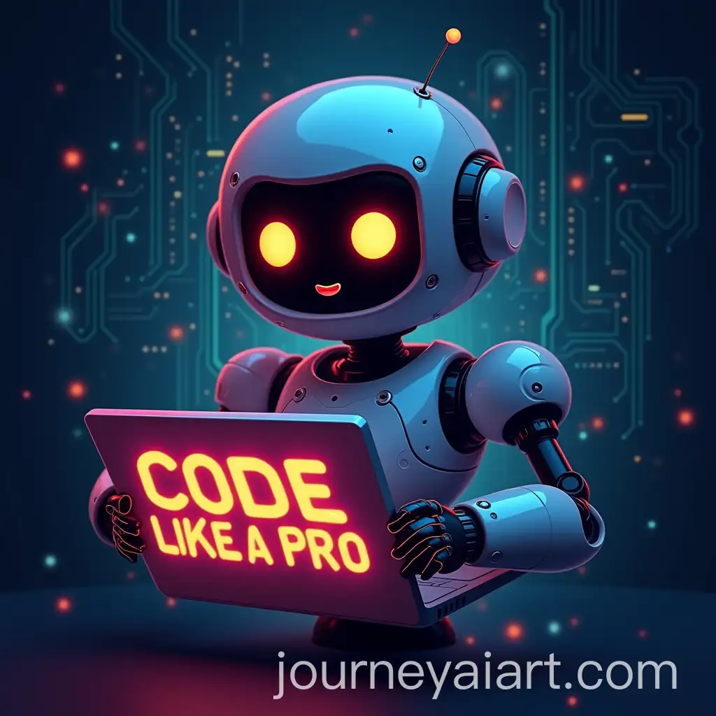 Cheerful-Robot-Holding-Laptop-with-Glowing-Code-Like-a-Pro-Text