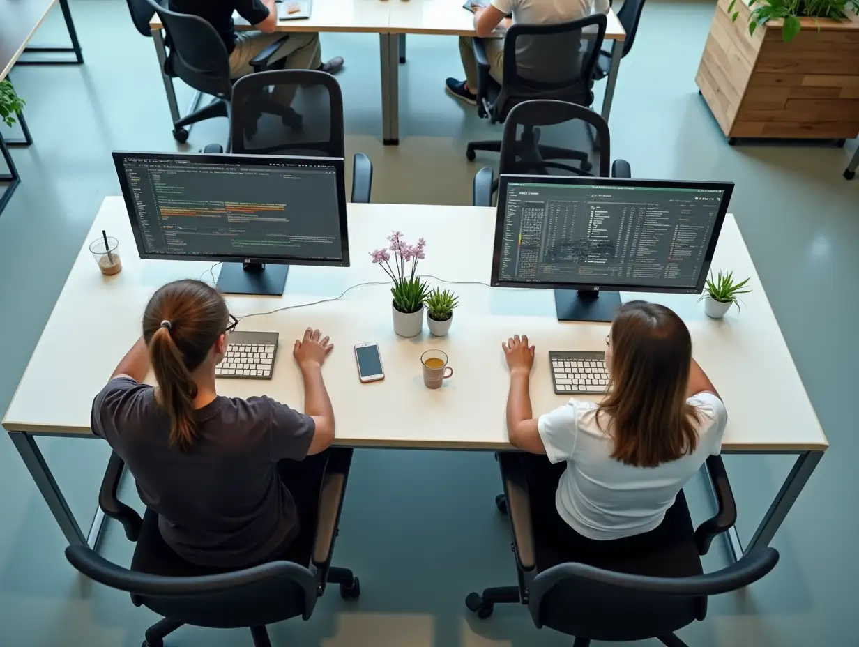 Top view of young colleagues sitting at their workplaces and working on computers in modern office