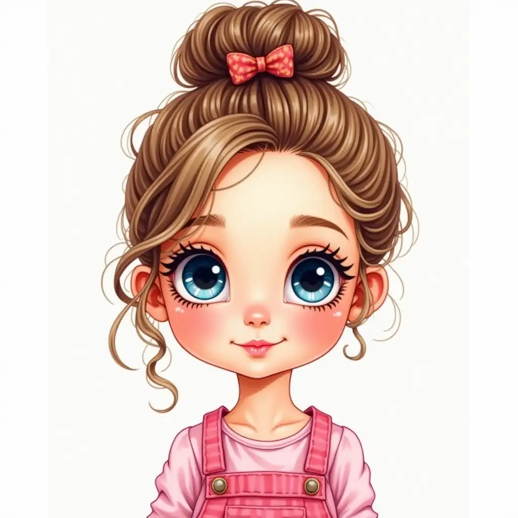 Portrait of a very Cute and beautiful mysterious little girl of 2 years old (face like a Bratz, Disney Pixar doll) with blue shiny eyes, black eyelashes and light brown hair gathered in a beautiful bundle on the top of her head. She is dressed in a light pink blouse and pink overalls. bright, juicy. watercolor illustration. face like a Bratz, Disney Pixar doll.