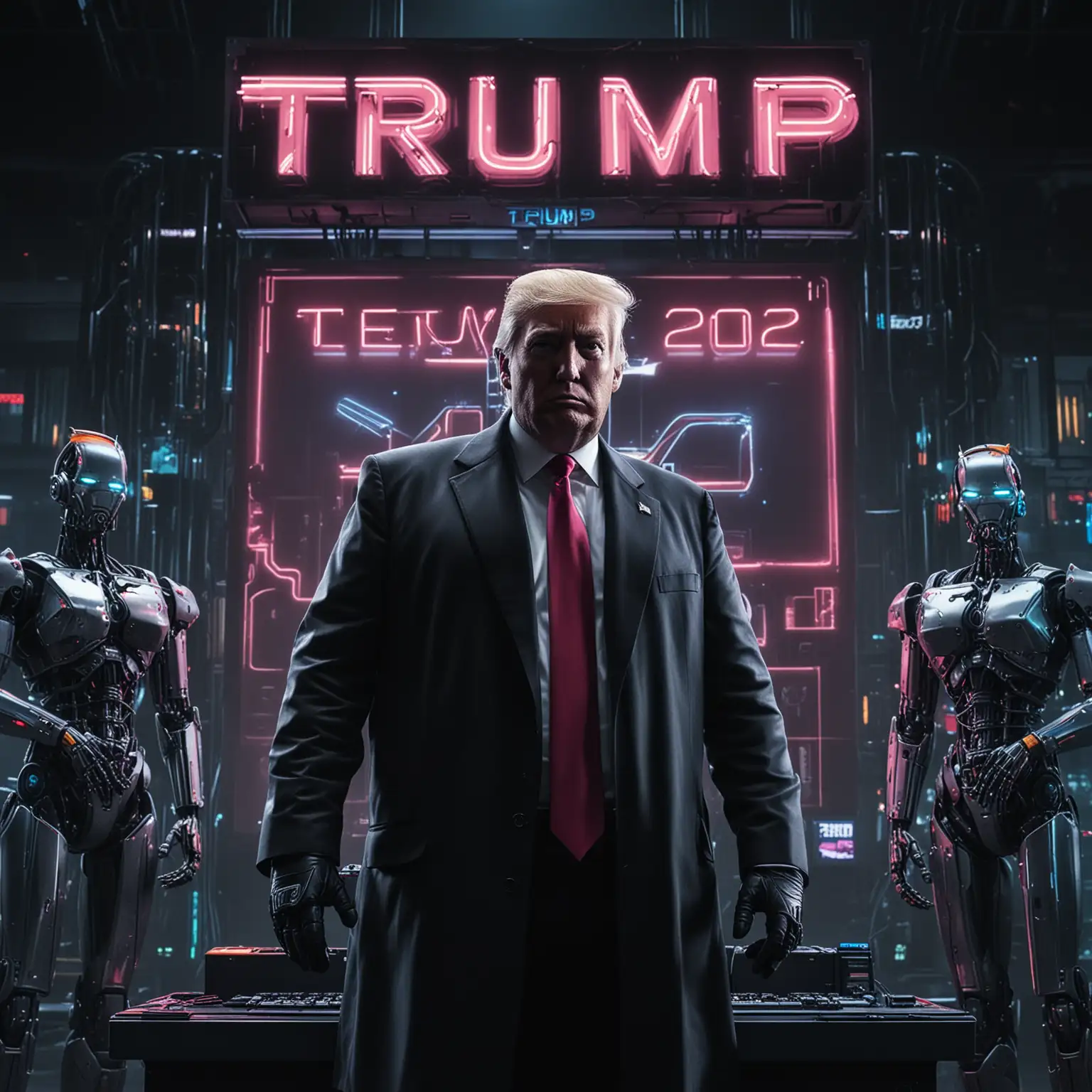 Cyberpunk-Donald-Trump-at-Podium-with-Robots-and-Neon-TRUMP-2024-Sign