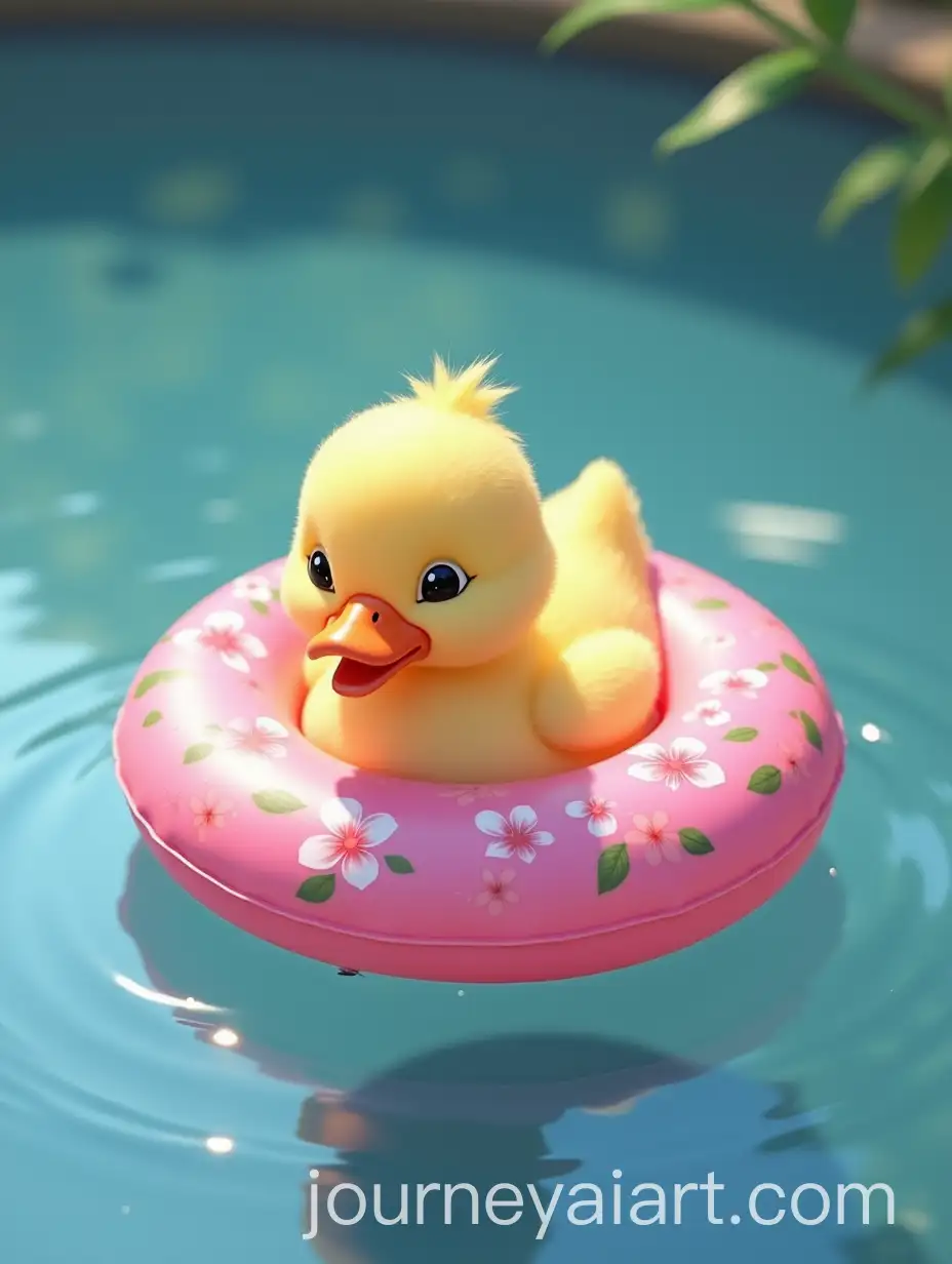 Cute-Duck-Floating-in-Serene-Pond-with-Pink-Floral-Floatation-Ring