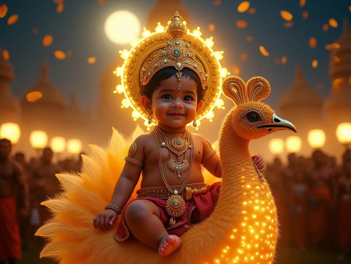 A divine baby Lord Murugan, glowing with an ethereal golden aura, sitting majestically on a beautifully decorated peacock under the sacred full moon of Thaipusam. His radiant face reflects both innocence and divine wisdom. He wears a golden crown adorned with precious gems, traditional silk garments with intricate embroidery, and holds a shimmering Vel (spear). His tiny feet rest gracefully on the peacock’s soft feathers. The temple background is grand and filled with golden lights, floating flower petals, and a sea of Tamil devotees carrying Kavadi. The air is thick with the scent of incense, and oil lamps flicker, casting a warm glow. The night sky is deep blue with celestial energy radiating from above. The scene is in ultra-realistic cinematic quality with fine details, soft focus, and dramatic lighting. High resolution, realistic textures, volumetric lighting, and soft depth of field --v 6 --ar 16:9 --q 2 --style 4b --hd --upbeta --seed 12345