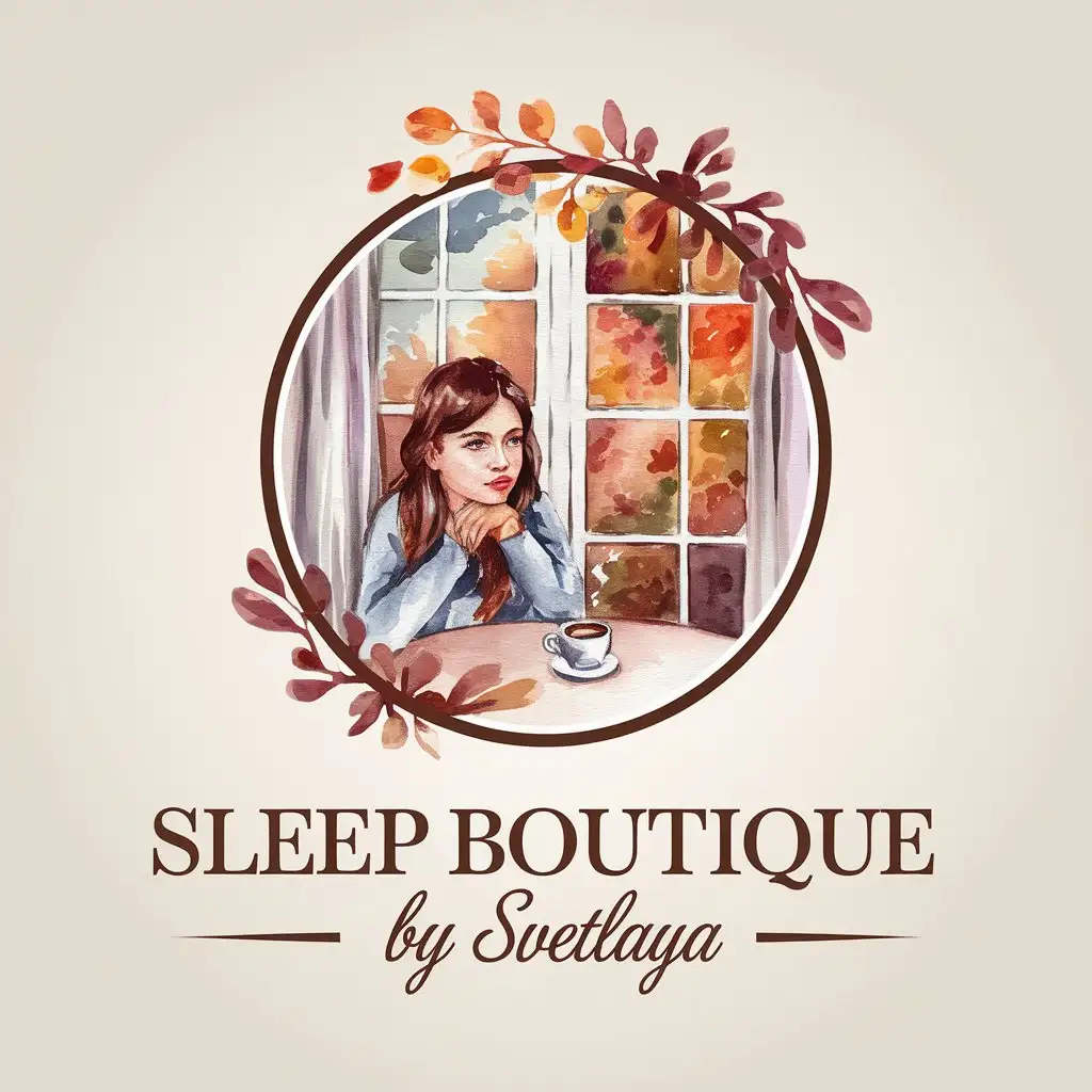 LOGO-Design-for-Sleep-Boutique-by-Svetlaya-Watercolor-Girl-with-Coffee-and-Autumn-Foliage