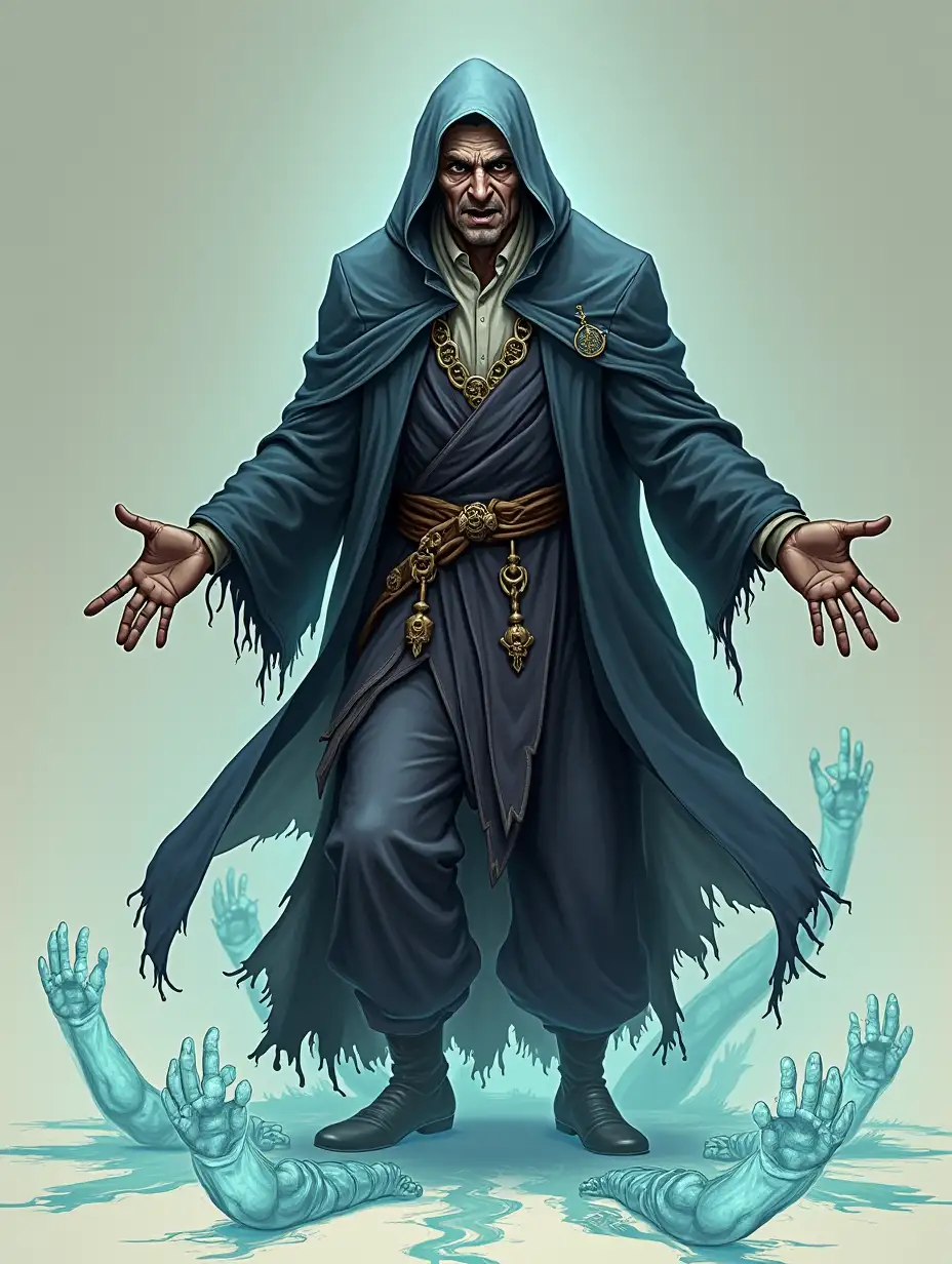 A man in a terrifying outfit from dnd, with a bunch of semi-transparent magical hands running at his feet. In simple 2d style of dnd illustrations and without a background.