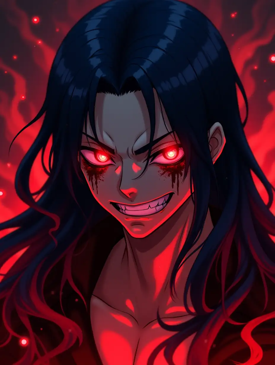 A close-up anime-style portrait of a sinister male character with long, flowing dark blue hair and glowing red eyes. The character is smirking menacingly, with blood splattered across his face and hair. His expression is both intimidating and confident, exuding a sense of power and chaos. The lighting is dramatic, with a red glow illuminating his face and casting sharp shadows. The background is a swirling, smoky mix of crimson and dark purple, enhancing the ominous and intense atmosphere. Subtle glowing red energy trails flow around him, adding a supernatural and dynamic element to the composition. The overall mood is dark, chaotic, and menacing.