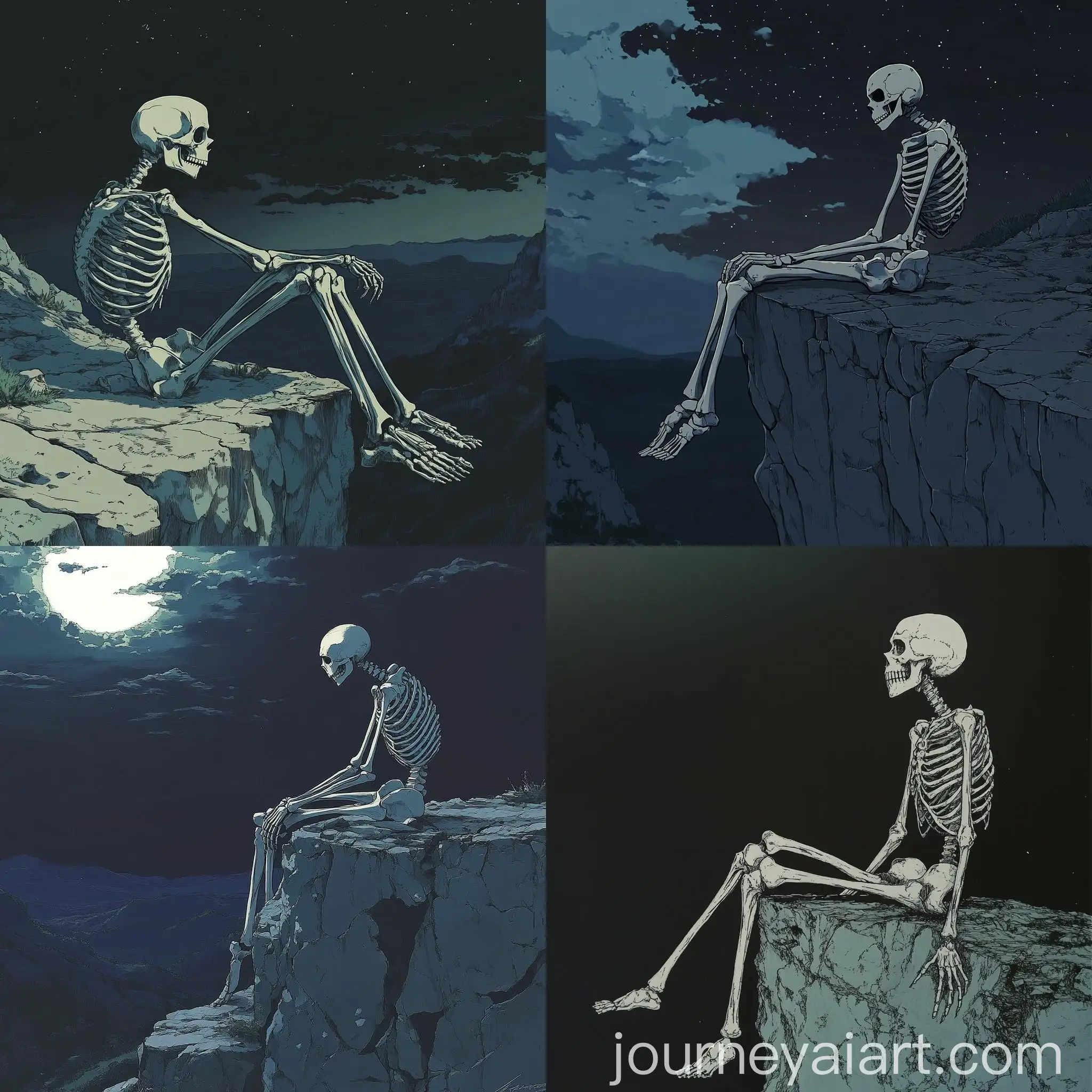 Reflective-Skeleton-on-Mountain-Cliff-90s-Anime-Style
