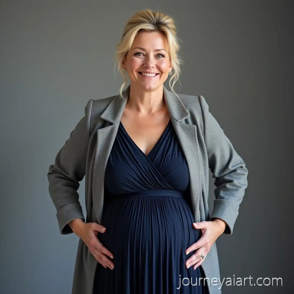 Pregnant-Woman-in-PleatedPregnant-woman-portrait-Dress-with-Gray-Coat-Standing-with-Hands-on-Hips