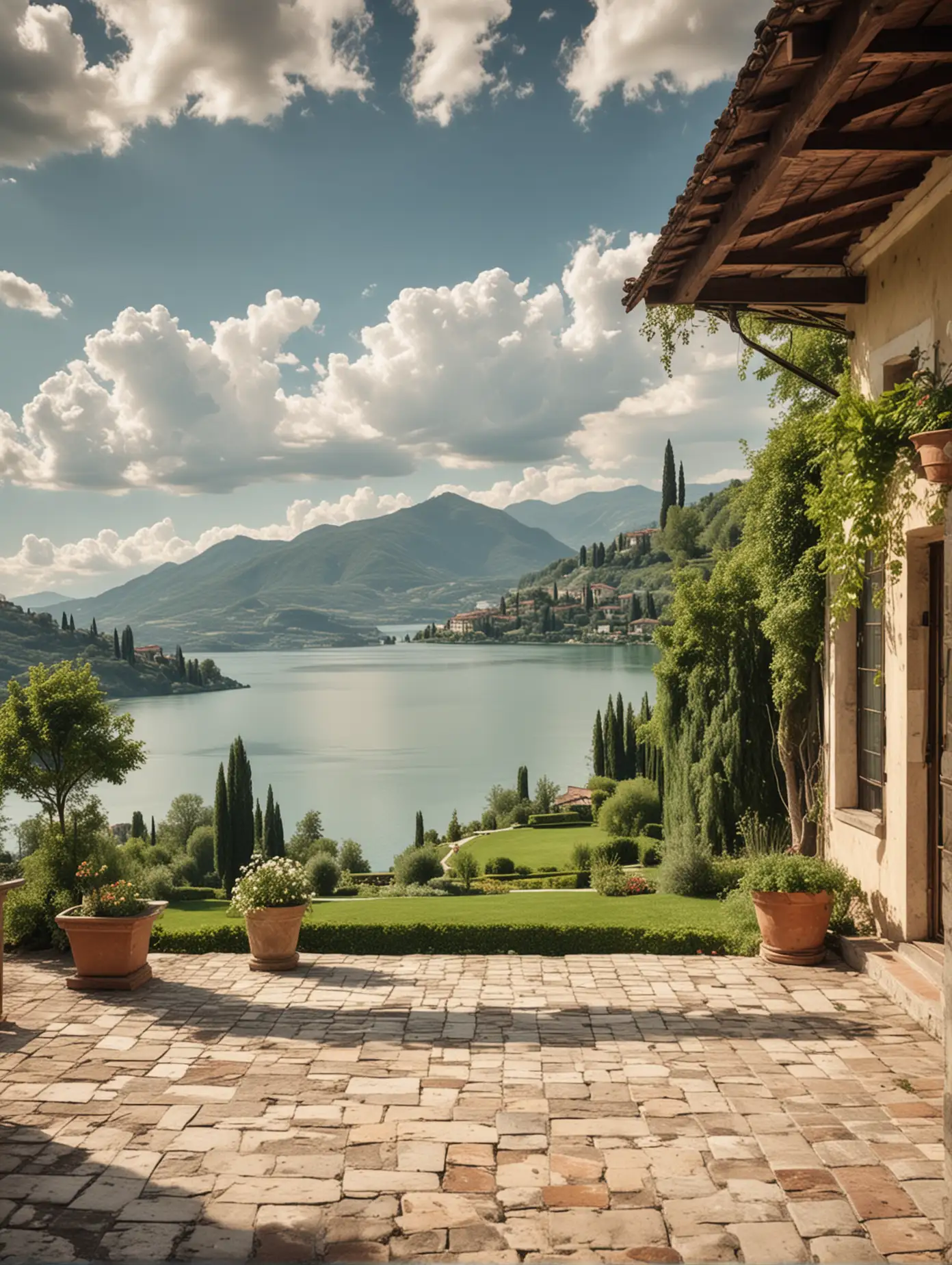 Scenic Terrace Overlooking Italian Lake and Hills