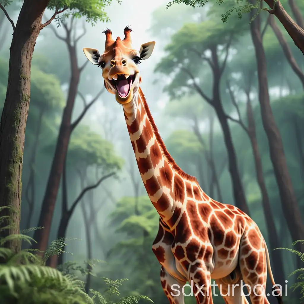 a laughing giraffe in the forest