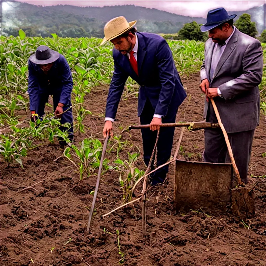 PNG-Image-Diverse-People-in-Suits-with-Farming-Tools-Working-on-a-Plantation