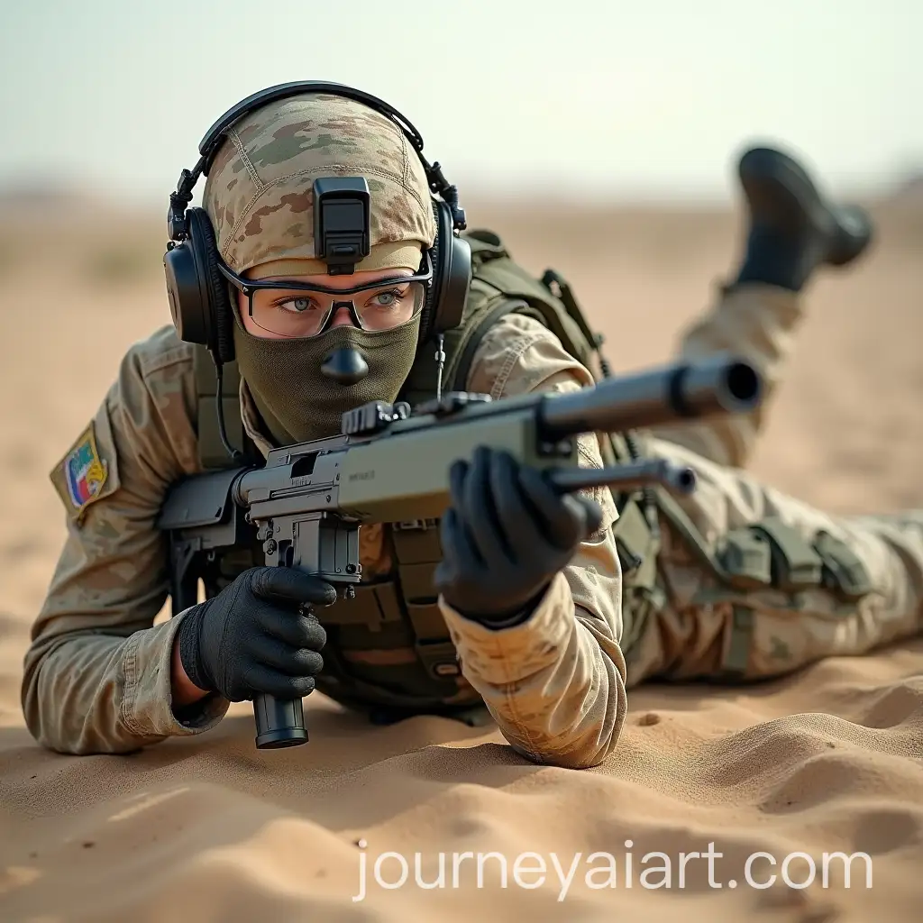 Russian-Female-Military-Officer-in-Camouflage-Firing-Barrett-M82-Sniper-Rifle-in-Desert-Village
