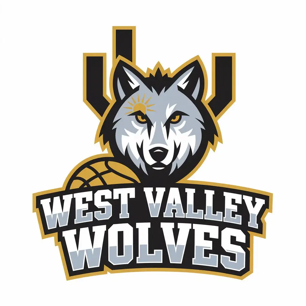 LOGO Design for West Valley Wolves Wolf with Valley and Sun Black Gray and Gold Basketball Theme